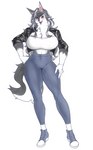 anthro athletic athletic_female big_breasts black_clothing black_leather_jacket black_sclera blush bottomwear breasts clothing curvy_figure dark_pupils female footwear fur grey_body grey_fur grey_hair hair hand_on_butt inner_ear_fluff jacket kemono leather leather_clothing leather_jacket leather_topwear long_hair multicolored_body multicolored_fur muscular muscular_female navel_outline neck_tuft pants shoes simple_background sneakers solo tail topwear tube_top tuft two_tone_body two_tone_fur two_tone_tail yellow_eyes noruru3737 jessica_(noruru3737) canid canine canis mammal wolf full-length_portrait hi_res portrait