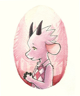 anthro argyle_(pattern) argyle_clothing argyle_topwear argyle_vest black_fingers black_horn clothing female fur horizontal_pupils horn pattern_clothing pattern_topwear pattern_vest pupils shirt_collar solo topwear vest white_body white_fur koiyaroid bovid caprine goat mammal painting_(artwork) watercolor_(artwork)