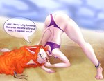 anthro ass_up beach bikini blush bottomwear bottomwear_aside bracelet butt challenge claws clothing clothing_aside eyelashes fangs feet female fur ginger hair jack-o'_pose jewelry markings mole_(marking) paws pose red_hair red_nose seaside solo swimwear teeth text thick_thighs tongue two-piece_swimsuit white_body white_fur wife yellow_eyes 1ndigocat indigo caracal caracal_(genus) felid feline hybrid mammal 2021 english_text hi_res meme