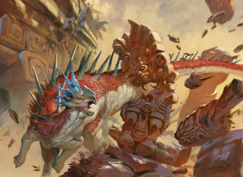 ambiguous_gender beak blue_body blue_feathers day destruction feathers feral long_tail open_mouth outside red_body red_feathers sculpture solo statue tail jesper_ejsing hasbro magic:_the_gathering wizards_of_the_coast dinosaur feathered_dinosaur feathered_scalie prehistoric_species reptile scalie 2016 hi_res official_art