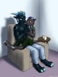 anthro beverage blush bottomwear candy chocolate clothed clothing cuddling dessert duo eyewear food glasses hair hot_chocolate larger_male male male/male on_lap pajamas pants paws romantic romantic_couple scarf sitting sitting_on_lap size_difference smaller_male tail tattoo topless nx-42 mythology drion fredrik dragon mythological_creature mythological_scalie scalie absurd_res hi_res