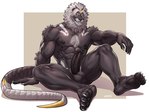 4_toes 5_fingers abs anthro arm_tuft balls biceps black_body black_nose body_hair chest_hair claws dark_body erection feet fingers fur genitals grey_hair hair hairy head_tuft hindpaw humanoid_genitalia humanoid_penis hybrid_tail looking_at_viewer male markings muscular muscular_anthro muscular_male muscular_thighs nails nipples nude paws pecs penis pubes pupils serratus sharp_nails simple_background sitting slit_pupils solo tail toes triceps tuft yellow_sclera amon-sydonai marbas felid hybrid lion mammal pantherine 4:3 absurd_res hi_res watermark