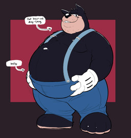 anthro barefoot belly big_belly black_body black_fur black_nose blue_clothing blue_overalls blush clothing directional_arrow feet fur gloves grin handwear holding_belly looking_at_viewer male moobs multicolored_body multicolored_fur overalls overalls_only overweight overweight_anthro overweight_male simple_background smile solo tan_body tan_fur text two_tone_body two_tone_fur white_clothing white_gloves white_handwear thefrostyflip pete_(disney) domestic_cat felid feline felis mammal 2026 english_text hi_res