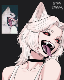 ambiguous_feral ambiguous_gender bared_teeth black_background black_lips black_nose black_sclera choker clothed clothed_female clothed_humanoid clothing eyelashes fangs female female_humanoid feral front_view fur grey_inner_ear hair humanoid_focus humanoidized jewelry light_body light_skin lips long_hair looking_at_viewer monotone_body monotone_fur monotone_hair necklace open_mouth open_smile pale_skin photo_reference pupils red_eyes red_pupils sharp_teeth shirt simple_background smile solo tank_top teeth tongue tongue_out topwear white_body white_clothing white_ears white_fur white_hair white_topwear gegegekman animal_humanoid canid canid_humanoid canine canine_humanoid canis dog_humanoid domestic_dog humanoid mammal mammal_humanoid 2025 bust_portrait colored digital_media_(artwork) hi_res multiple_images portrait reference_image shaded signature