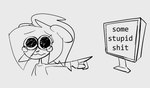 anthro bodily_fluids clothing computer computer_screen electronics eye_through_hair female gesture hair hand_gesture humor long_sleeve_shirt pointing sad shirt solo tears text topwear translucent translucent_hair wide_eyed buxy mammal rodent sciurid tree_squirrel 2022 monochrome