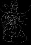 anthro blush clothed clothing clothing_lift eye_patch eyewear female glasses hair happy long_hair navel shirt shirt_lift sitting smile topwear haaru undertale undertale_(series) alphys undyne fish lizard marine reptile scalie monochrome