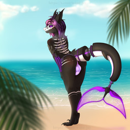 anthro balls_in_panties balls_in_underwear beach bikini bikini_bottom bikini_thong bikini_top bodily_fluids bulge claws clothing cloud cybernetic_arm cybernetic_eye cybernetic_limb cybernetic_tail cybernetics detailed_bulge ears_back eyeshadow eyewear facial_markings facial_piercing gynomorph hair head_markings horn intersex light machine makeup markings neon nose_piercing palm_leaves palm_tree panties panties_bulge paws penis_in_panties piercing pivoted_ears plant pointy_ears purple_eyes purple_hair purple_horn sand scales scaly_tail sea shadow shark_fin shark_tail sky skyscape solo sunglasses sunglasses_on_face sunlight sweat sweatdrop swimwear tail toe_claws tree two-piece_swimsuit underwear water wave wearing_sunglasses jaywaan mythology aquatic dragon fish hybrid mythological_creature mythological_scalie scalie shark 1:1 2026 absurd_res hi_res