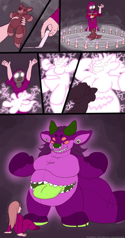 4_eyes belly_mouth ear_piercing eyewear facial_piercing glasses green_tongue horn magic magic_circle magic_user multi_eye nose_piercing piercing plushie purple_body red_sclera ritual size_difference summoning summoning_circle tongue transformation run_rabbit_bounce animate_inanimate canid canine canis demon domestic_dog human living_plushie mammal hi_res