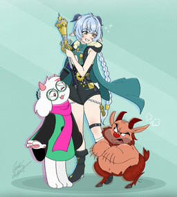 2_horns 2_toes 4_fingers 5_fingers age_difference annoyed anthro arm_hair armwear bangs beard black_armwear black_boots black_clothing black_elbow_gloves black_eyebrows black_footwear black_gloves black_handwear black_hoodie black_leotard black_topwear blue_cape blue_clothing blue_hair blue_horn blush body_hair boots braided_hair brown_horn cape clothed clothed_anthro clothed_female clothed_humanoid clothed_male clothing crossed_arms elbow_gloves eyebrow_through_hair eyebrows eyelashes eyewear face_squish facial_hair feet female fingers floppy_ears footwear fur glasses gloves gold_hair_tie green_clothing green_eyewear green_glasses green_robe group hair hand_pawpads handwear holding_object holding_staff hoodie horn humanoid_pointy_ears larger_anthro larger_female larger_humanoid larger_male leotard light long_hair lop_ears male male_anthro mature_humanoid mature_male multicolored_body navel older_male one_eye_closed open_mouth open_smile orange_eyes overweight overweight_anthro overweight_male pawpads pink_pawpads pink_scarf pointy_ears red_beard red_body red_facial_hair red_fur red_nose red_tail robe round_glasses scarf shoes short_horn size_difference sleeveless_hoodie small_horn smaller_anthro smaller_humanoid smaller_male smile smiling_at_viewer sparkles squish staff tail tan_body tan_horn tan_skin toes topwear translucent translucent_hair trio two_tone_body white_body white_fur white_tial chris-thekid deltarune disney disney's_hercules mihoyo undertale_(series) zenless_zone_zero lucia_elowen philoctetes ralsei animal_humanoid bovid bovid_humanoid caprine caprine_humanoid goat goat_humanoid horned_humanoid humanoid mammal mammal_humanoid 2025 colored crossover digital_drawing_(artwork) digital_media_(artwork) english_description hi_res lighting shaded signature