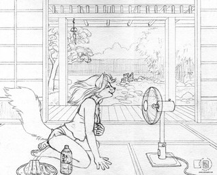 anthro asian biped carpet east_asian_architecture electric_fan female oscillating_fan sitting solo tail wind kacey felid mammal 2010 monochrome sketch
