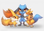 ambiguous_gender black_body black_fur black_nose blue_body blue_fur collar feathers feral fur group hand_on_head open_mouth orange_body orange_eyes orange_feathers pupils purple_eyes red_eyes simple_background slit_pupils smile standing white_body white_fur wings yellow_body yellow_fur young eldrige nintendo pokemon avian bird canid canine fennekin generation_3_pokemon generation_4_pokemon generation_6_pokemon mammal pokemon_(species) riolu torchic