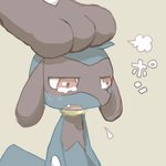 ambiguous_gender anthro black_body black_fur blue_body blue_fur blush bodily_fluids crying duo fur petting simple_background tan_background tears text sikai nintendo pokemon canid canine generation_4_pokemon lucario mammal pokemon_(species) riolu 1:1 2015 japanese_text low_res