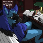 anthro beak biped book breasts desk eyewear feathered_wings feathers female furniture glasses librarian library non-mammal_breasts sitting solo table text wings bleuhawke mythology avian gryphon mythological_avian mythological_creature 1:1 digital_media_(artwork) english_text