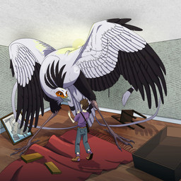 4_toes ambiguous_gender anisodactyl bag bent_over ceiling chaos cramped duo feathered_tail feathered_wings feathers feet feral forearms inside lamp larger_ambiguous larger_feral long_tail looking_at_another male painting_(object) raised_forearm room_filling rug size_difference smaller_human spread_wings standing tail toes wings altarior third-party_edit terus_(kargaroc586) accipitriform avian bird human mammal secretary_bird 1:1 2019 absurd_res cel_shading digital_media_(artwork) digital_painting_(artwork) hi_res painting_(artwork) shaded