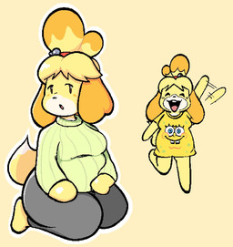 anthro barefoot belly blonde_hair blush blush_stickers bottomless bottomwear breasts buckteeth clothed clothing curvy_figure dipstick_tail featureless_feet feet female gesture hair hair_bun happy kneeling looking_at_viewer markings motion_lines open_mouth open_smile outline pants seiza shirt shirt_only simple_background simple_eyes sitting slightly_chubby slightly_chubby_anthro slightly_chubby_female smile solo sweater tail tail_markings teeth topwear topwear_only turtleneck waving waving_at_viewer white_outline wide_hips yellow_background yellow_body newartistcool animal_crossing nickelodeon nintendo spongebob_squarepants isabelle_(animal_crossing) canid canine canis domestic_dog mammal shih_tzu toy_dog 2024 hi_res multiple_images
