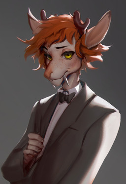 anthro antlers big_fangs black_bow_tie bow_tie brown_antlers clothed clothing fangs freckles fur glistening glistening_eyes grey_background grey_clothing grey_jacket grey_topwear hair horn jacket looking_at_viewer male messy_hair mouth_closed orange_hair simple_background solo standing tan_body tan_fur teeth topwear unsigned white_clothing yellow_eyes shermugi angel_(soureggnog) deer mammal water_deer 2020 half-length_portrait hi_res portrait nonbinary_(lore)