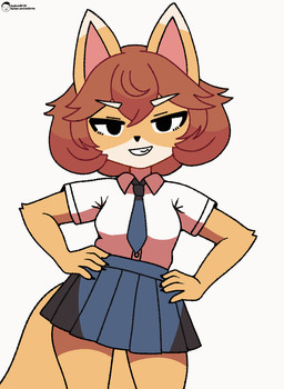anthro bangs bottomwear clean_lines clothing confident dancing female flirting hair hands_on_hips hip_sway necktie playful pleated_skirt school_uniform short_hair simple_background skirt smug solo stylized teasing text uniform upper_body white_background voider_(artist) bully_fox canid canine fox mammal 2025 2d_animation animated artist_name cel_shading colored digital_media_(artwork) english_text flat_colors hi_res loop shaded watermark