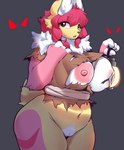 anthro areola armor big_breasts bodily_fluids breasts clothed clothing female fur genitals hair lamp lantern nipples overweight pussy solo sweat sweatdrop thick_thighs torn_clothing unconvincing_armor wide_hips cecily_lin canid canine canis mammal absurd_res hi_res