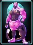 big_bulge black_body black_fur bottomwear bulge clothing cropped_hoodie cropped_topwear detailed_bulge dreadlocks ear_piercing footwear fur furgonomic_footwear furgonomic_headwear furgonomics hair hat headgear headwear hoodie huge_bulge male muscular muscular_male nipples pecs piercing pink_clothing red_eyes shorts topwear white_hair yellow_eyes korecat snow_(korecat) felid mammal pantherine absurd_res hi_res