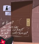 ambiguous_gender anthro bathroom dialogue door ear_tuft sign solo text tuft tayronnebr domestic_cat felid feline felis mammal absurd_res digital_media_(artwork) english_text hi_res