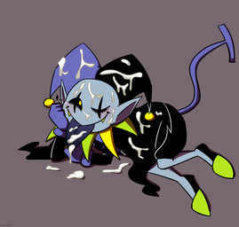 blush bodily_fluids bottomwear cape clothed clothing cum cum_covered cum_on_body cum_on_face cum_on_ground cum_on_tongue cum_string fangs footwear genital_fluids gloves grey_background handwear hat headgear headwear humanoid_pointy_ears jester looking_away lying male messy not_furry on_ground on_side pants pointy_ears sharp_teeth shirt shoes simple_background smile solo teeth tongue tongue_out topwear yellow_eyes kuruko deltarune undertale_(series) jevil_(deltarune) darkner humanoid imp 2018