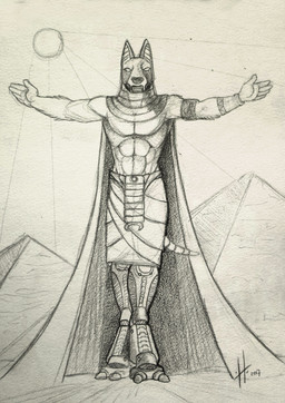 abs anthro cape clothed clothing egyptian_architecture empty_eyes front_view male male_anthro muscular muscular_anthro muscular_male outside pecs pyramid solo standing sun tail hufnaar canid canine mammal 2017 absurd_res dated english_description full-length_portrait hi_res monochrome portrait sketch traditional_media_(artwork)