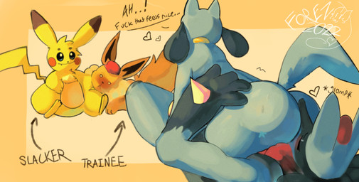 anal anthro being_watched blush butt butt_grab chest_tuft clothing dialogue eyes_closed facesitting group hand_on_butt hat headgear headwear heart_symbol looking_at_another male male/male oral rimming scarf sex shaking sitting sitting_on_another smile text trembling tuft forez nintendo pokemon pokemon_cafe_remix eevee generation_1_pokemon generation_4_pokemon lucario pikachu pokemon_(species) riolu 2022 english_text hi_res