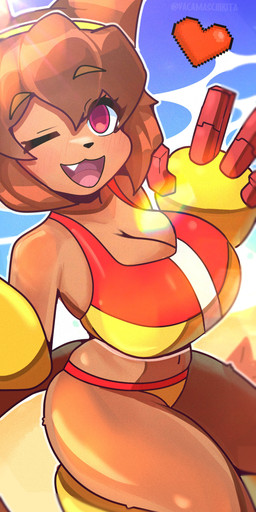 anthro beach big_breasts bikini breasts brown_body brown_hair clothing eyebrow_through_hair eyebrows eyelashes eyewear eyewear_on_head fangs female glistening goggles goggles_on_head hair heart_symbol looking_at_viewer navel one_eye_closed open_mouth open_smile red_eyes smile solo swimwear teeth translucent translucent_hair two-piece_swimsuit whiskers wink yellow_sclera vacachikita gameoverse glitch_productions kit_bodega domestic_cat felid feline felis mammal 2026 absurd_res digital_media_(artwork) hi_res