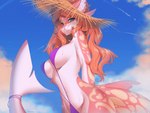 anthro bikini blue_eyes breasts clothed clothing cloud ear_piercing ear_ring eyebrows eyelashes female hair hands_behind_back hat headgear headwear long_hair looking_at_viewer medium_breasts navel navel_piercing notched_ear notched_tail one-piece_swimsuit orange_hair outside piercing ring_piercing skimpy sky sling_bikini solo sun_hat swimwear two-piece_swimsuit under_boob wet mashiro_sssinohu fish marine shark 2023 absurd_res artist_name hi_res