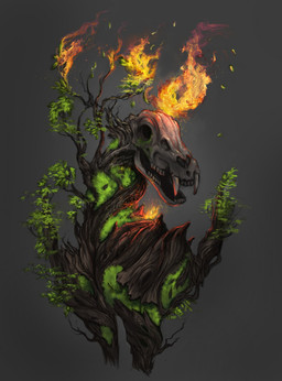 ambiguous_feral ambiguous_gender bone brown_body burning empty_eye_sockets fangs feral fire green_body leaf open_mouth plant simple_background skull solo teeth chumbasket elemental_creature flora_fauna hi_res
