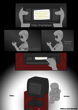 cassette_tape electronics male sitting sitting_on_ground solo television text video_cassette otakon_(artist) angel_hare the_east_patch jonah_whitman human mammal comic english_text hi_res