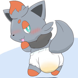 ambiguous_gender blush bodily_fluids bottomwear chibi clothing diaper feral genital_fluids looking_back open_mouth smug solo standing unclean_diaper urine used_diaper wet_diaper wetting tomukemono nintendo pokemon generation_5_pokemon pokemon_(species) zorua 1:1