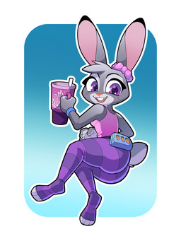 3_toes anthro blush breasts butt clothed clothing container cup fanny_pack feet female female_anthro fingers fur grey_body grey_fur grey_tuft head_tuft leggings legwear long_ears open_mouth purple_eyes scrunchie scut_tail shirt short_tail solo tail tank_top teeth tight_clothing toes tongue topwear tuft byuni disney stanley_cup zootopia judy_hopps european_rabbit lagomorph leporid mammal oryctolagus rabbit 3:4 hi_res