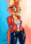 absurd_res anthro bottomwear canid canine clothed clothing diane_foxington digital_media_(artwork) dreamworks eyebrow_piercing eyewear facial_piercing female fox fur glasses hi_res leather leather_clothing looking_at_viewer mammal orange_body orange_fur piercing red_fox simple_background smile solo tacophox the_bad_guys true_fox