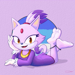 3_toes anthro barefoot clothed clothing feet female gloves handwear lying on_front open_mouth purple_body soles the_pose toes white_clothing white_gloves white_handwear toon_draw sega sonic_the_hedgehog_(series) blaze_the_cat domestic_cat felid feline felis mammal 1:1 hi_res
