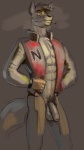 abs anthro balls bottomless canid canine canis captain_n cigarette clothed clothing flaccid foreskin genitals humanoid_genitalia humanoid_penis male mammal muscular muscular_anthro muscular_male penis poop_(artist) pose pubes smoking solo tail wolf