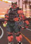 anthro bag_accessory bag_charm biceps big_muscles bottomwear bulge clock clothed clothing electronics fangs game_console heart_symbol male muscular muscular_anthro muscular_male pecs shirt shorts shoulder_bag solo sunset tank_top teeth topwear watch raikarou nintendo nintendo_switch pokemon felid feline generation_7_pokemon incineroar mammal pokemon_(species) hi_res