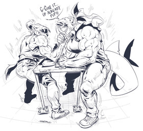 5_fingers anthro arm_wrestling black_sclera bodily_fluids breasts dialogue duo eyebrows female fingers furniture grin hair muscular muscular_anthro muscular_female non-mammal_breasts non-mammal_hair ponytail shark_tail smile sweat table tail text inugatami ayla_(inugatami) justine_genesis aquatic canid canine canis fish mammal shark wolf 2025 black_and_white dated english_text hi_res monochrome signature
