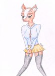 anthro bottomwear breasts brown_body brown_fur clothed clothing female footwear fur garter_belt garter_straps inner_ear_fluff legwear miniskirt olive_eyes shirt simple_background skirt solo spots stockings text topwear tuft white_background white_spots kiszkot deer mammal absurd_res colored_pencil_(artwork) english_text graphite_(artwork) hi_res signature traditional_media_(artwork)