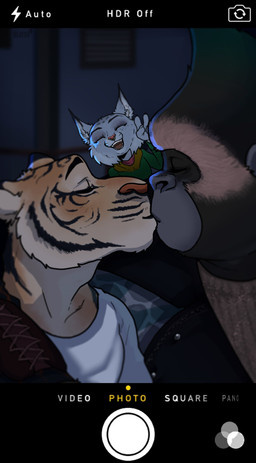 anthro blush camera_view clothing countershading eyes_closed facial_piercing female gesture group hand_gesture interspecies kissing male male/male nose_piercing nose_ring piercing ring_piercing septum_piercing stripes text v_sign bluesh illumination_entertainment sing_(movie) johnny_(sing) nooshy_(sing) ryan_(sing) ape felid feline gorilla haplorhine lynx mammal pantherine primate tiger 2022 absurd_res english_text hi_res