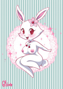 anthro big_breasts blush breasts butt cherry cherry_blossom chest_tuft erect_nipples female flower food fruit fur jewelry long_ears looking_at_viewer necklace nipples plant prunus_(flower) red_eyes small_waist smile solo sparkles tuft white_body white_fur wide_hips y2k_(graphic_design) glion jewelpet sanrio sega sega_fave ruby_(jewelpet) hare japanese_hare lagomorph leporid mammal rabbit hi_res