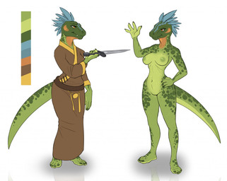4_fingers 4_toes anthro barefoot blue_hair breasts clothed clothing dagger feet female fingers green_body hair holding_object holding_weapon knife melee_weapon nipples non-mammal_breasts nude orange_eyes plantigrade robe simple_background solo standing toes weapon white_background siroc microsoft the_elder_scrolls argonian reptile scalie model_sheet story story_in_description