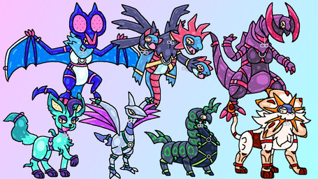 black_body black_fur black_horn black_tail black_wings blue_body blue_ears blue_fur blue_tail blue_wings blush blush_lines circle_(marking) claws collar dark_body dark_scales eyes_closed eyeshadow fangs fur fur_markings green_harness green_horn green_tail grey_claws grey_horn grey_wings hair harness horn infinity_symbol looking_at_viewer makeup markings multicolored_body multicolored_fur multicolored_horn multicolored_scales open_mouth orange_body orange_fur orange_tail paws pink_claws pink_harness pink_horn pink_inner_ear pink_wings purple_body purple_eyeshadow purple_fur purple_hair purple_horn purple_scales purple_tail red_body red_fur red_harness red_scales red_tail scales spikes spikes_(anatomy) striped_horn striped_markings striped_tail stripes symbol tail tail_markings tan_inner_ear teeth two_tone_body two_tone_fur two_tone_horn two_tone_scales two_tone_tail two_tone_wings white_body white_fur white_tail white_wings wings yellow_collar yellow_harness squeakitties nintendo pokemon rubbermon eeveelution generation_2_pokemon generation_4_pokemon generation_5_pokemon generation_6_pokemon generation_7_pokemon haxorus hydreigon leafeon legendary_pokemon noivern pokemon_(species) scolipede skarmory solgaleo 16:9 2024 digital_media_(artwork) hi_res pixel_(artwork) widescreen