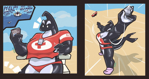 anthro beach bikini breasts cleavage clothed clothing female footwear lifeguard male pool_float shirt solo swimwear text topwear two-piece_swimsuit boomartist crocs aquatic cetacean dolphin fish mammal oceanic_dolphin orca pinniped seal toothed_whale comic english_text hi_res parent_(lore) parent_and_child_(lore)