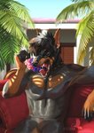 collar ear_piercing eating food fruit furniture grape light male muscular muscular_male nipples outside palm_tree piercing plant sofa solo summer sunlight text tree vacation hedax canid canine canis dobermann domestic_dog mammal pinscher english_text hi_res