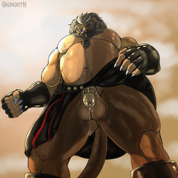 anthro balls belly bodily_fluids boots bottomwear chastity_cage chastity_device claws clothing cum footwear genital_fluids genitals gloves handwear kilt latex leak leaking leaking_precum leather male mane musclegut muscular muscular_male nipples penis precum shoes solo grungotharts felid lion mammal pantherine 1:1 digital_media_(artwork) hi_res
