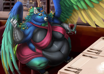 alcohol anthro belly beverage big_belly big_breasts bloated breasts city cityscape claws container cup cutlery detailed_background digitigrade drinking_glass feather_hair feathered_wings feathers female fork fur glass glass_container glass_cup kitchen_utensils knife looking_at_viewer multicolored_body multicolored_feathers multicolored_fur obese obese_female overweight overweight_female pseudo_hair restaurant solo thick_arms thick_thighs tools wine wine_glass wings biglovealicia dawn_(iovic) avian bird canid canine galliform hybrid mammal peafowl phasianid 2021 digital_media_(artwork) hi_res shaded signature soft_shading