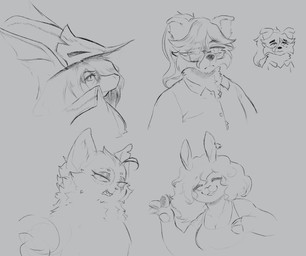 ambiguous_gender anthro bangs blank_expression breasts button_ears cleavage clothed clothing coat collared_shirt dress_shirt ear_piercing ear_ring eye_through_hair eyebrows eyes_closed eyewear female female_anthro floppy_ears gesture glasses hair hair_over_eye half-closed_eyes happy hat headgear headwear looking_aside looking_at_viewer mouth_closed narrowed_eyes notched_ear open_mouth open_smile parted_bangs piercing ponytail raised_inner_eyebrows ring_piercing shirt smile straight_hair tank_top topwear translucent translucent_hair waving wavy_hair worried worried_look mendobear final_fantasy final_fantasy_ix square_enix freya_crescent border_collie bovid burmecian canid canine canis caprine collie domestic_cat domestic_dog felid feline felis herding_dog mammal pastoral_dog rodent sheep sheepdog bust_portrait digital_drawing_(artwork) digital_media_(artwork) greyscale monochrome multiple_images portrait sketch sketch_page female_(lore)