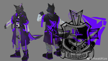 anthro black_body black_clothing black_coat black_fur black_nose black_topwear bottomwear clothed clothing coat front_view fur grey_background grey_bottomwear grey_clothing grey_pants logo looking_at_viewer male male_anthro mouth_closed narrowed_eyes pants purple_clothing purple_coat purple_eyes purple_topwear rear_view simple_background solo standing text topwear weibo_logo awaldkize weibo canid canine mammal artist_logo artist_name hi_res model_sheet