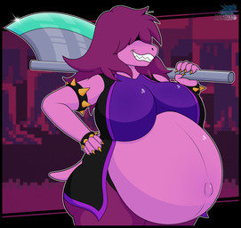 anthro axe belly big_belly big_breasts black_border border bracelet breasts clothed clothing fangs female hair hand_on_hip huge_belly jewelry obscured_eyes pink_body pregnant pregnant_anthro pregnant_female purple_hair simple_background smile solo spiked_bracelet spikes tail teeth thick_thighs weapon blazkenzxy deltarune undertale_(series) susie_(deltarune) reptile scalie 2026 absurd_res digital_drawing_(artwork) digital_media_(artwork) hi_res signature